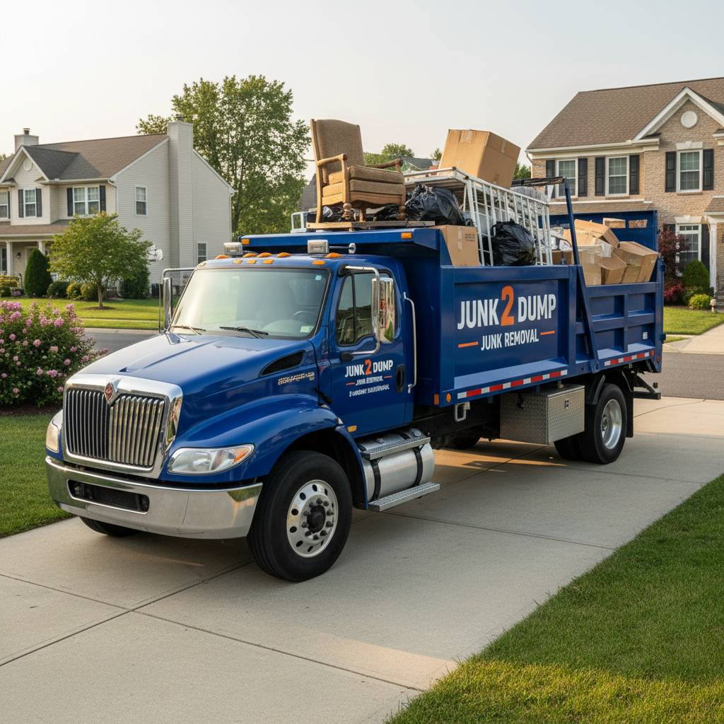 A clean, heavy-duty junk removal truck with a bright, neatly printed “Junk 2 Dump – Junk Removal” logo on the side, parked in a quiet Northern New Jersey suburban driveway. The open truck bed is carefully packed with old furniture, cardboard boxes, and neatly stacked bags, clearly organized and not overflowing. The scene is captured in soft late-morning natural light under a clear sky, creating gentle shadows and crisp detail on the truck’s surfaces. The surrounding homes are tidy and slightly blurred, emphasizing the truck as the main subject. Shot at eye level with photographic realism, the mood is professional, reliable, and trustworthy, ideal for a small family-owned service business.