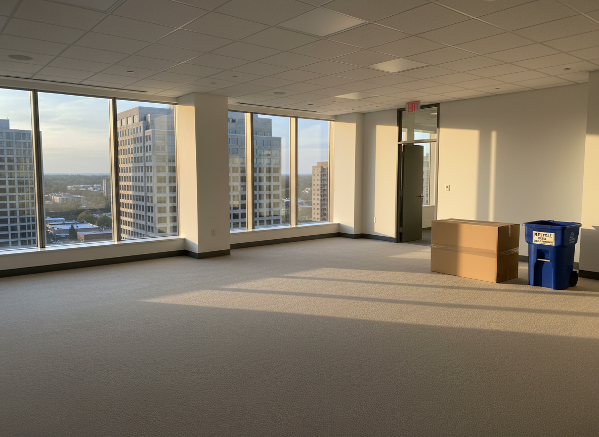 A spacious, freshly emptied office space with neutral carpeting, blank white walls, and large windows revealing a hint of a Northern New Jersey business district outside. The floor is completely clear except for a single, neatly stacked bundle of flattened cardboard boxes and a labeled recycling bin near the exit, symbolizing the end of a professional office cleanout. Late-afternoon natural light pours in, creating long, soft shadows and a warm, professional ambiance. Photographed with a slightly elevated wide-angle composition and clean, modern aesthetic, the image conveys efficiency, reliability, and the thoroughness of commercial junk removal and cleanout services.