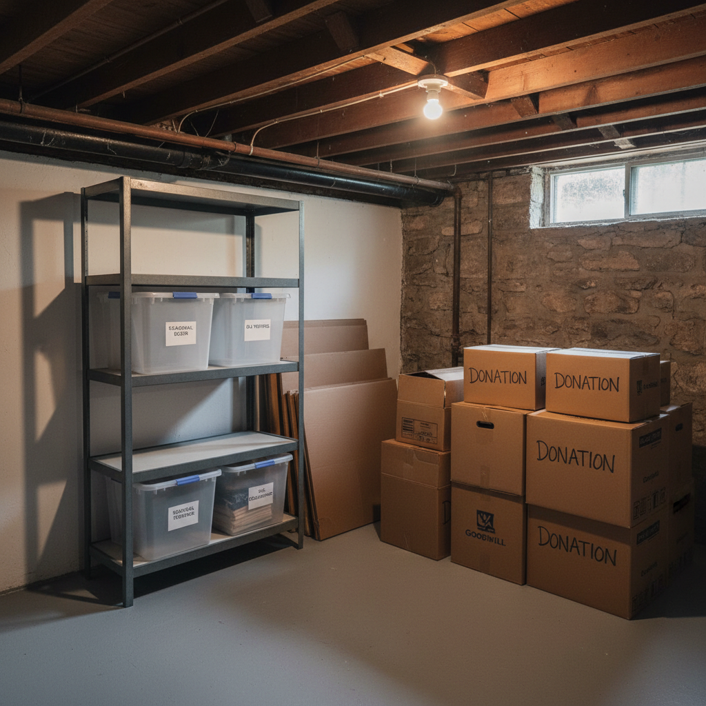 A cluttered basement corner transformed into an organized storage area: on one side, empty floor space with clean, painted concrete and a tidy utility shelf holding a few labeled plastic bins; on the other side, a small remaining stack of sealed donation boxes ready for pickup. The lighting comes from a combination of a single overhead bulb and faint daylight from a small window, creating a realistic, slightly moody but hopeful atmosphere. Captured at eye level with moderate depth of field, the photographic scene emphasizes the satisfaction and peace of mind after a careful, respectful junk removal and cleanout in an older Northern New Jersey home.