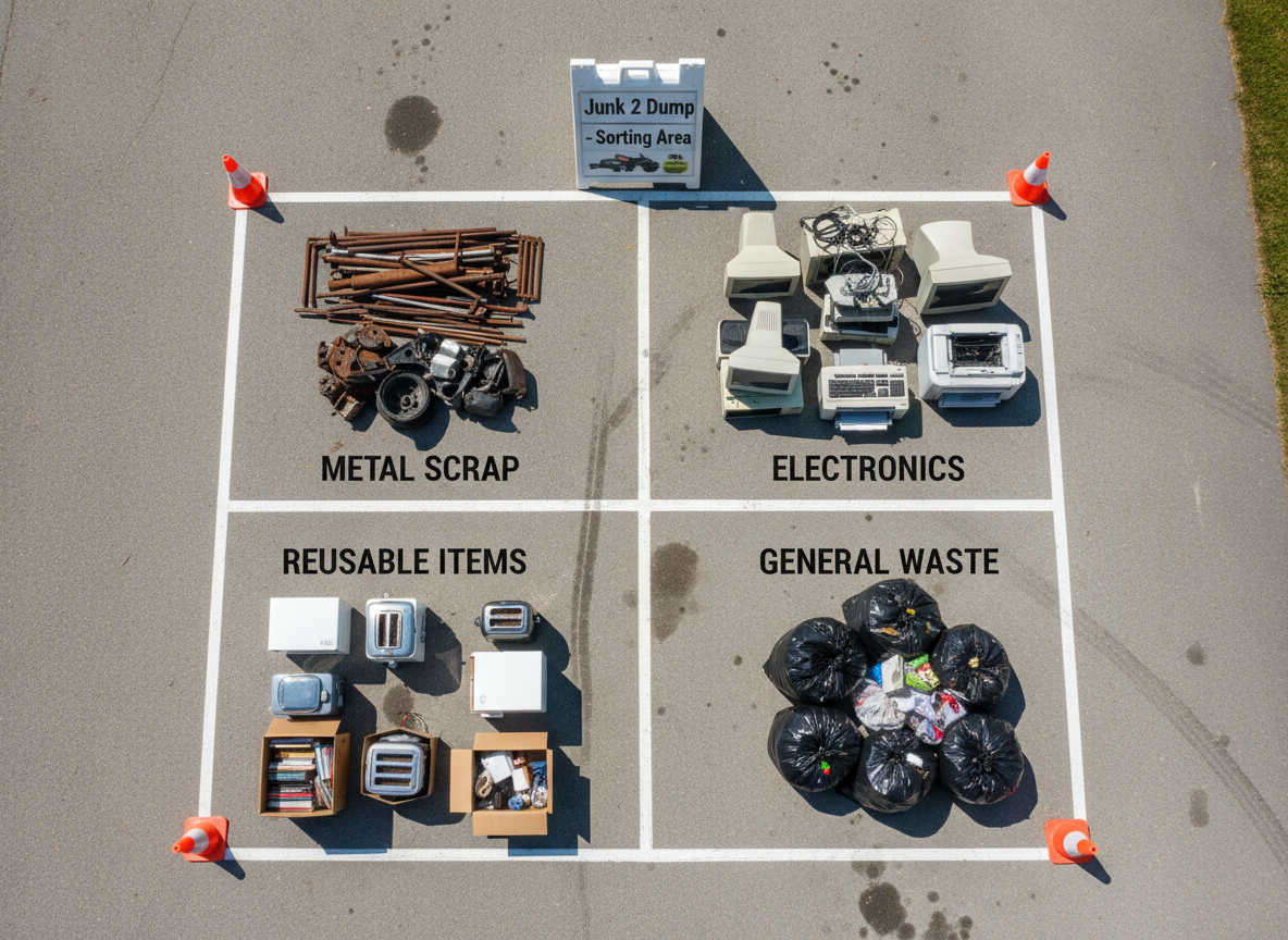 An overhead view of a neatly sorted junk removal staging area on a paved driveway, showing separate labeled zones: metal scrap, electronics, reusable items, and general waste. Each category is grouped in distinct, clearly visible piles: rusted metal rails, old monitors, gently used small appliances, and bagged trash. Bright midday sunlight casts defined but clean shadows, emphasizing order and structure. Orange traffic cones and a portable sign reading “Junk 2 Dump – Sorting Area” frame the scene. Photographic realism with sharp focus across the frame communicates responsible, environmentally conscious junk removal practices and careful handling of customers’ items.