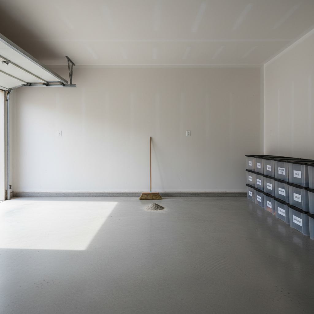 A freshly cleared residential garage interior with smooth concrete flooring, newly exposed walls, and neatly labeled storage bins aligned along one side. In the center, a single broom leans against the wall beside a small pile of swept dust, emphasizing the completed cleanout. Soft diffused daylight enters from an open garage door, creating a bright, shadowed rectangle on the floor and highlighting the crisp emptiness of the space. Captured with a wide-angle lens at eye level, sharp focus throughout, the photographic image feels organized, professional, and satisfying, visually communicating before-and-after results of a thorough junk removal service.