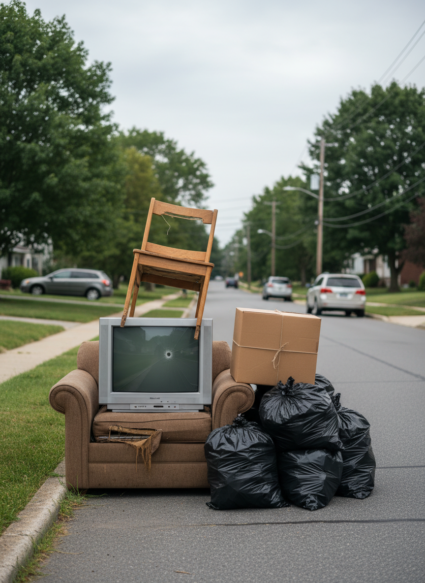 A pile of assorted household junk carefully arranged on a suburban curb in Northern New Jersey, including a worn-out sofa, broken wooden chair, old TV, bundled cardboard, and tied black trash bags. Everything is positioned neatly rather than chaotic, suggesting an organized pickup. Overcast afternoon light creates soft, even illumination with minimal harsh shadows, keeping all textures and details visible. In the background, a quiet residential street with parked cars and trimmed lawns is softly blurred. The composition uses rule of thirds with the junk pile as the main subject, captured in photographic realism to convey efficient, respectful junk removal without clutter or mess.