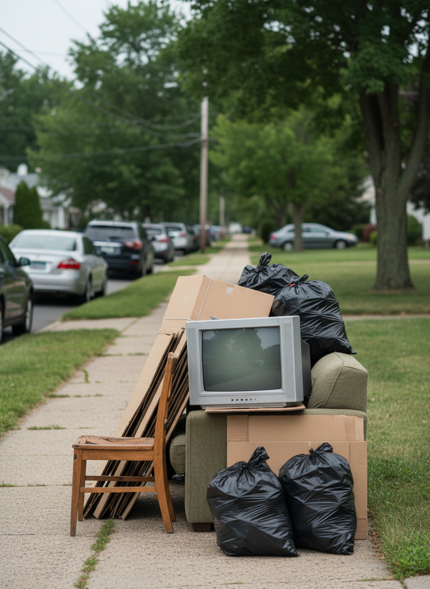 A pile of assorted household junk carefully arranged on a suburban curb in Northern New Jersey, including a worn-out sofa, broken wooden chair, old TV, bundled cardboard, and tied black trash bags. Everything is positioned neatly rather than chaotic, suggesting an organized pickup. Overcast afternoon light creates soft, even illumination with minimal harsh shadows, keeping all textures and details visible. In the background, a quiet residential street with parked cars and trimmed lawns is softly blurred. The composition uses rule of thirds with the junk pile as the main subject, captured in photographic realism to convey efficient, respectful junk removal without clutter or mess.