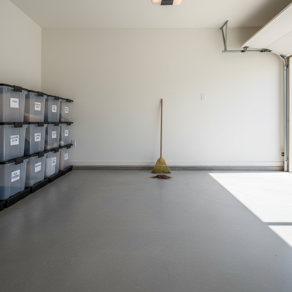 A freshly cleared residential garage interior with smooth concrete flooring, newly exposed walls, and neatly labeled storage bins aligned along one side. In the center, a single broom leans against the wall beside a small pile of swept dust, emphasizing the completed cleanout. Soft diffused daylight enters from an open garage door, creating a bright, shadowed rectangle on the floor and highlighting the crisp emptiness of the space. Captured with a wide-angle lens at eye level, sharp focus throughout, the photographic image feels organized, professional, and satisfying, visually communicating before-and-after results of a thorough junk removal service.